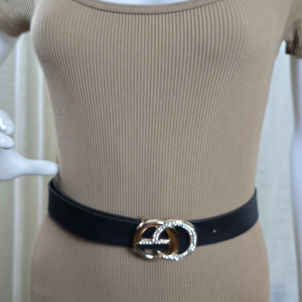 Chic Black Belt with Gold and Silver Buckle